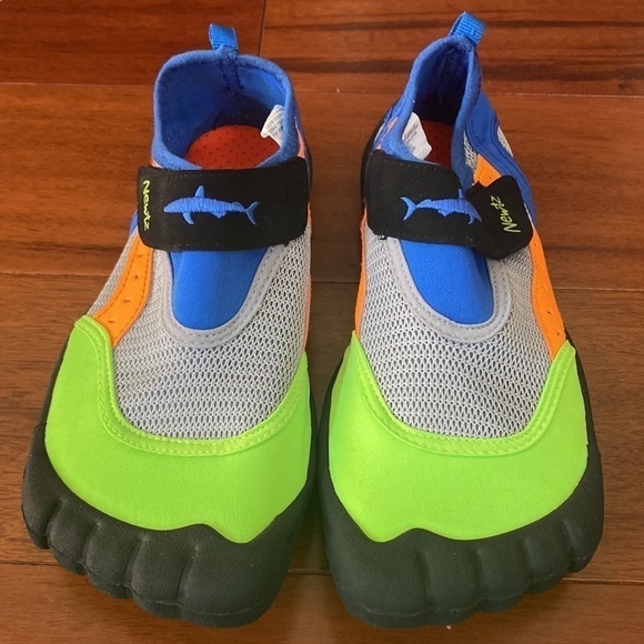 Blue, green, orange, black, and gray Newtz water shoes - Picture 3 of 8